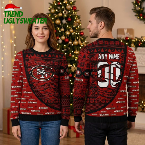 San Francisco 49ers Logo Custom Name And Number Ugly Christmas Sweater