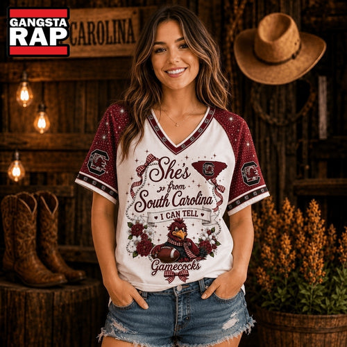 South Carolina Gamecocks NCAA Bow and Floral Team Spirit V Neck T Shirt