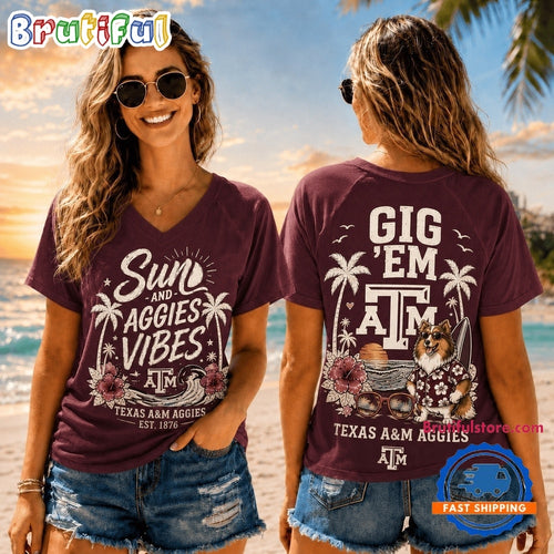 Texas A&M Aggies NCAA Sunset and Beach Vibes V neck T Shirt