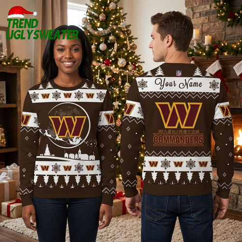 Washington Commanders Custom Name Snowy Village Ugly Christmas Sweater