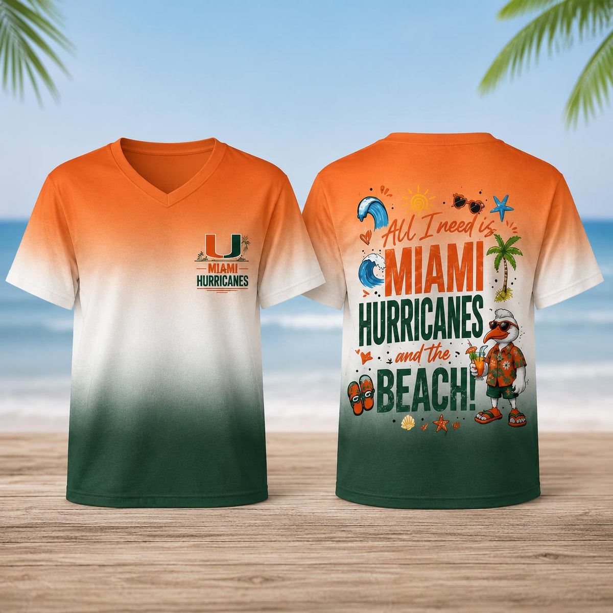 Miami Hurricanes NCAA Tropical Beach Vibes All Over Print Unisex V Neck T Shirt