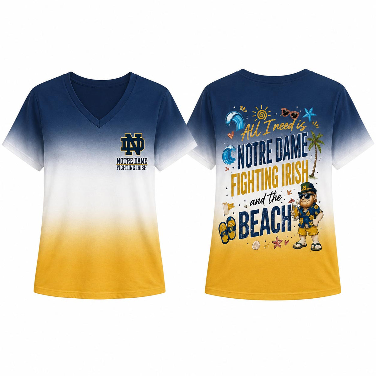 Notre Dame Fighting Irish NCAA Tropical Beach Vibes All Over Print Unisex V Neck T Shirt
