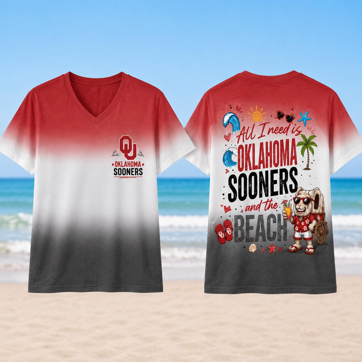 Oklahoma Sooners NCAA Tropical Beach Vibes All Over Print Unisex V Neck T Shirt