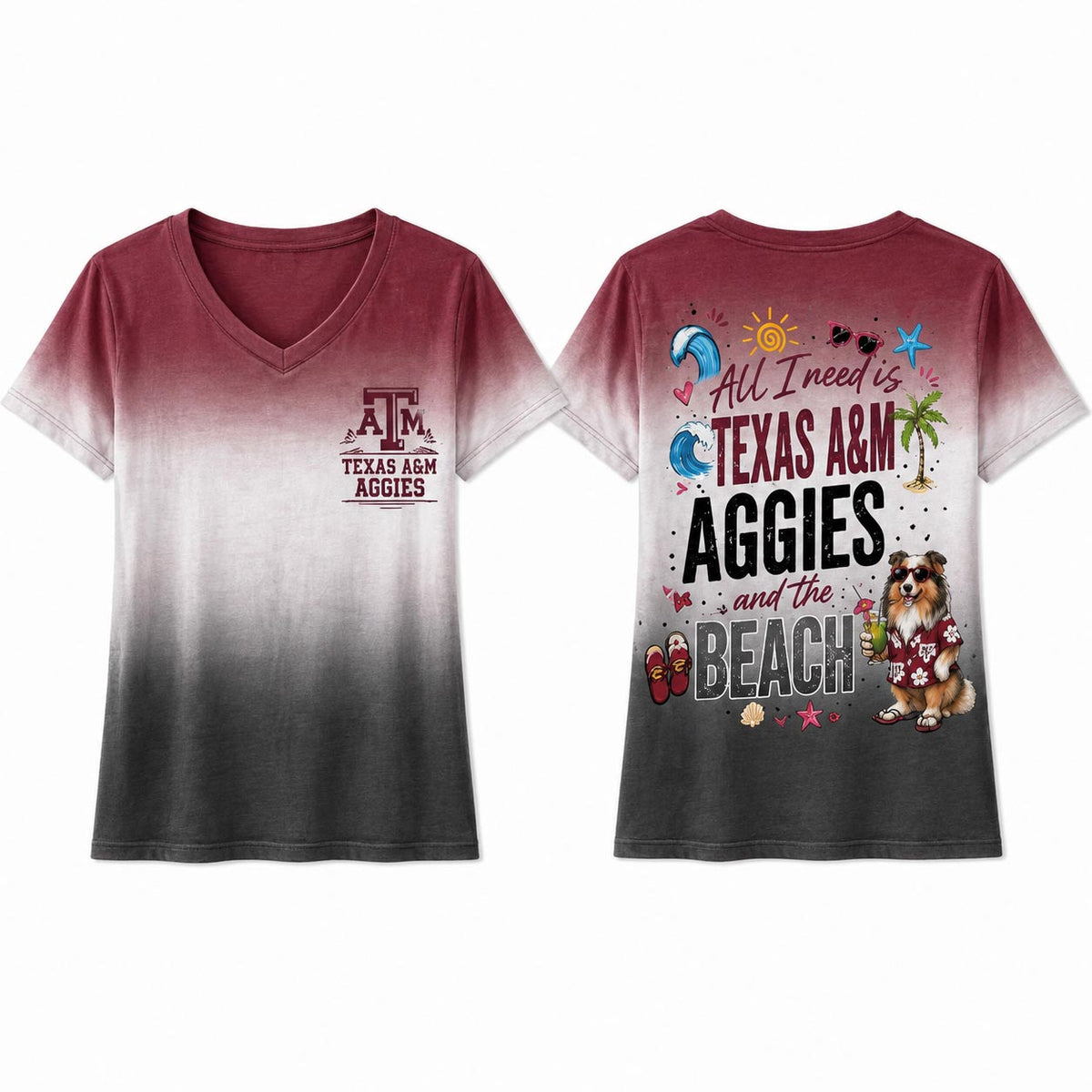 Texas A&M Aggies NCAA Tropical Beach Vibes All Over Print Unisex V Neck T Shirt