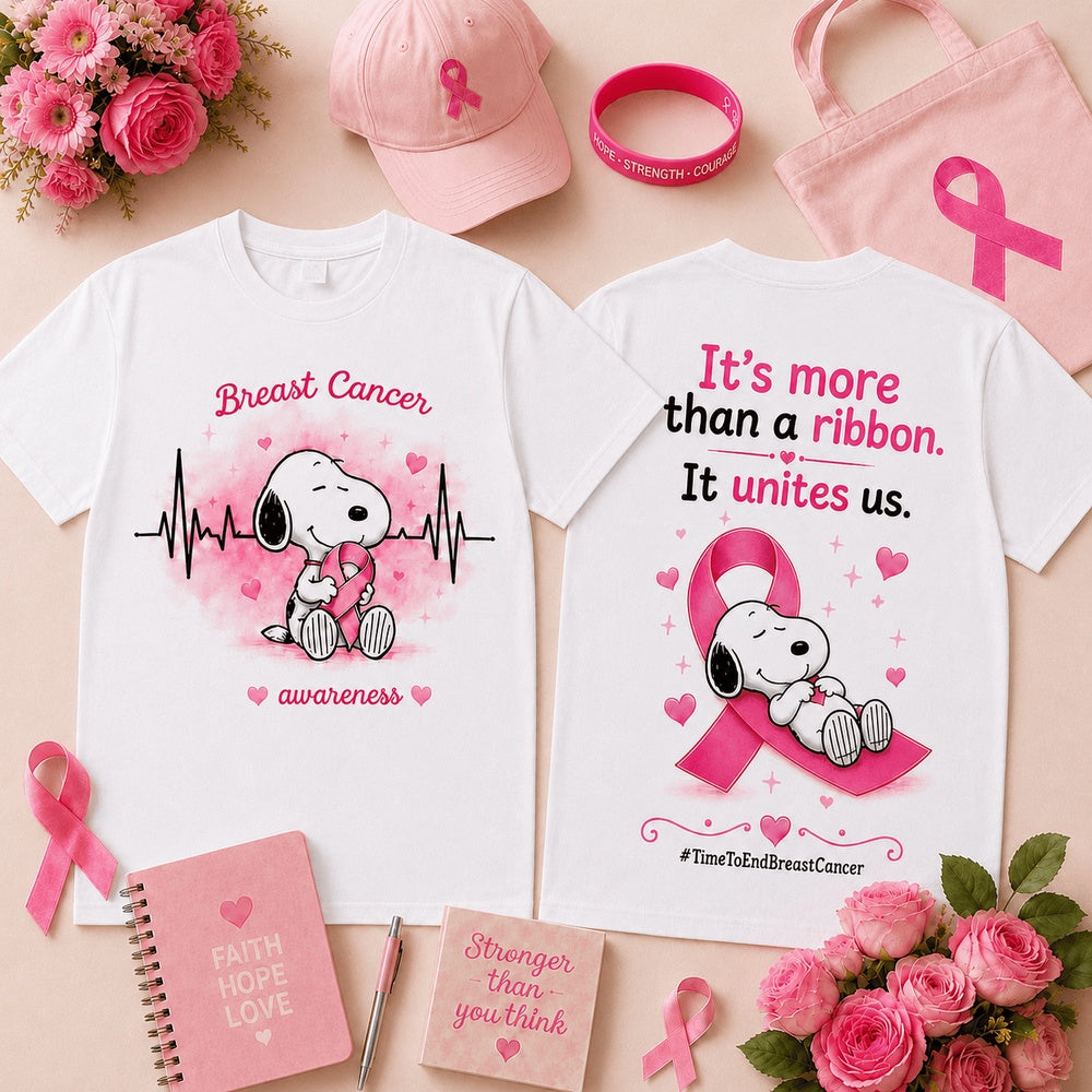 Snoopy Together in Pink Breast Cancer Awareness Ribbon, Heartbeat & Unity Front and Back T Shirt