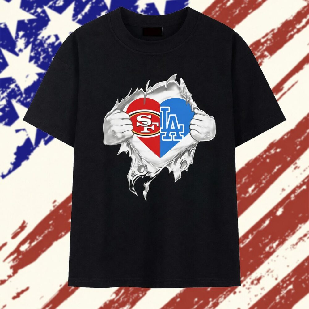 San Francisco 49ers and Los Angeles Dodgers mashup heart with Superman chest rip T Shirt