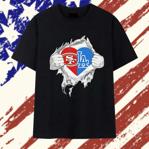 San Francisco 49ers and Los Angeles Dodgers mashup heart with Superman chest rip T Shirt