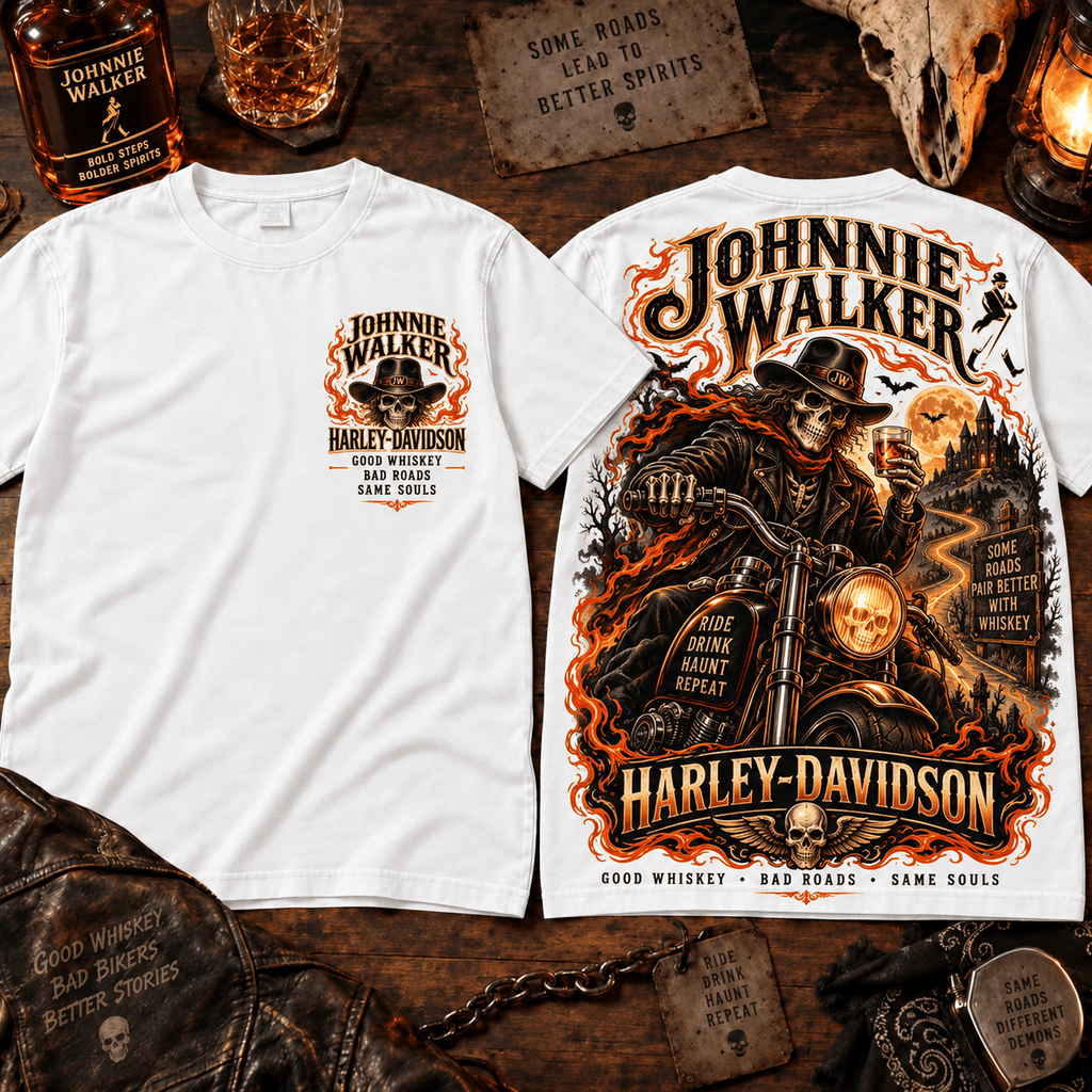 Johnnie Walker Harley Davidson Flaming Skull T-Shirt