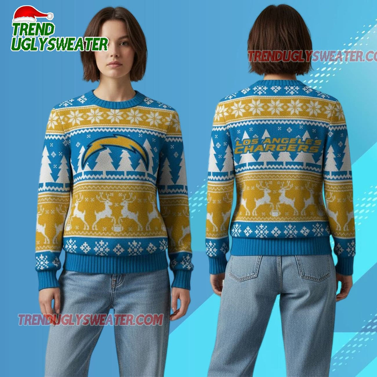 Nfl 2025 Chargers Reindeer Football Christmas Ugly Sweater