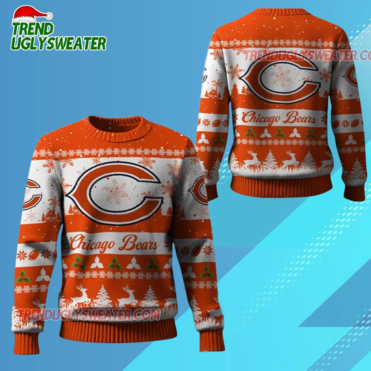 Nfl 2025 Christmas Bears Festive Reindeer Tree Ugly Sweater