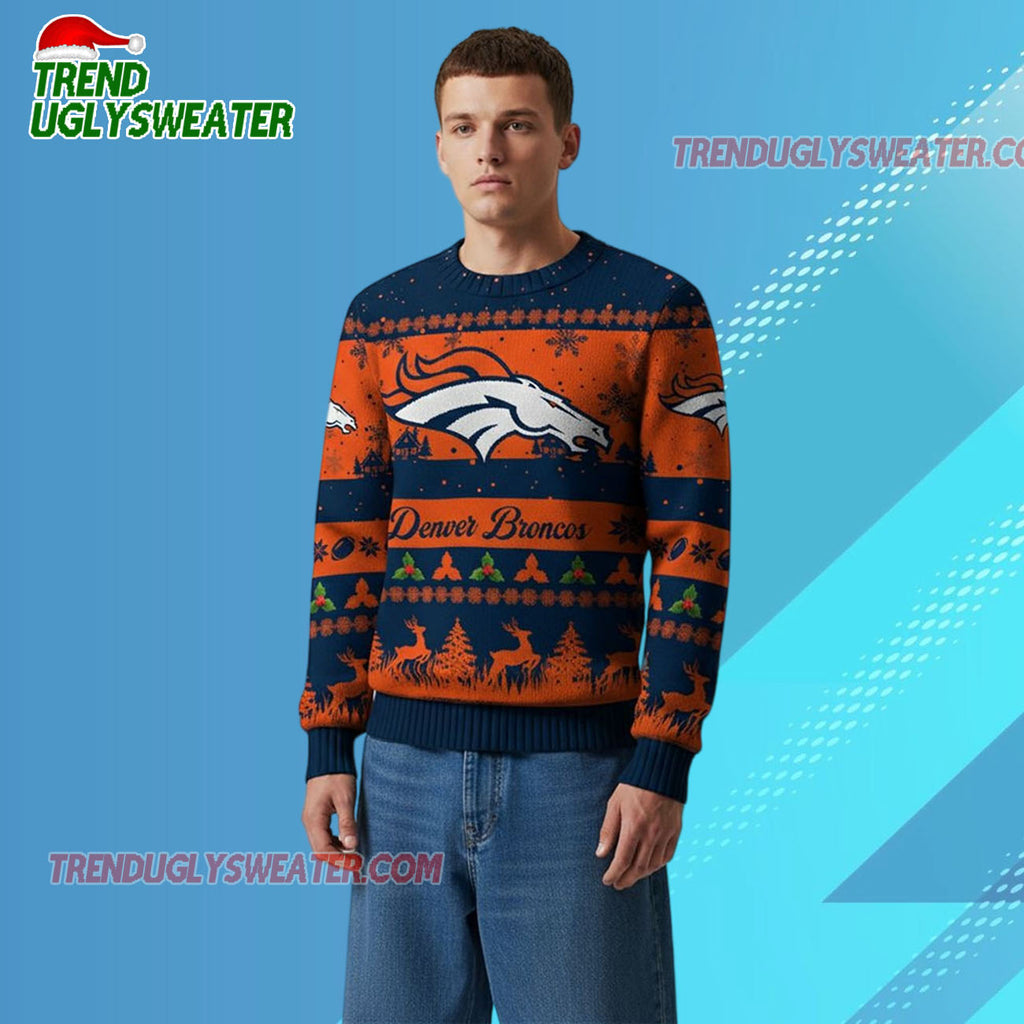 Nfl 2025 Christmas Broncos Festive Reindeer Tree Ugly Sweater