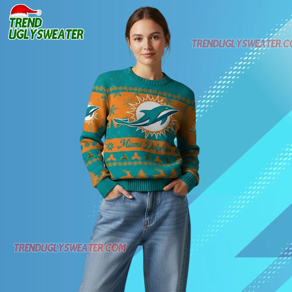 Nfl 2025 Christmas Dolphins Festive Reindeer Tree Ugly Sweater