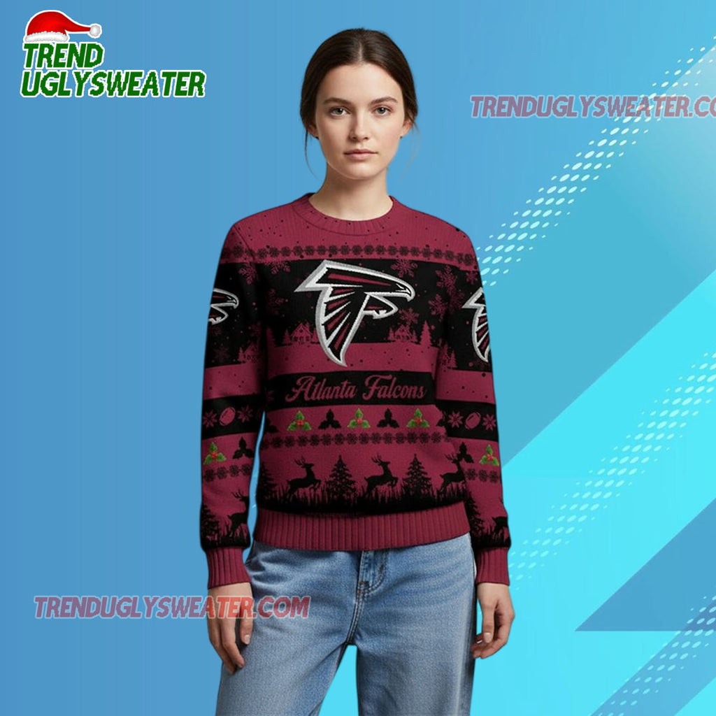 Nfl 2025 Christmas Falcons Festive Reindeer Tree Ugly Sweater