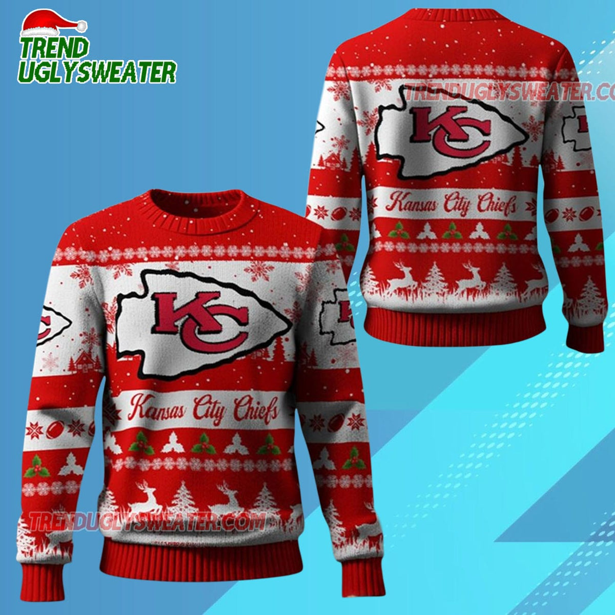 Nfl 2025 Christmas Kc Chiefs Festive Reindeer Tree Ugly Sweater