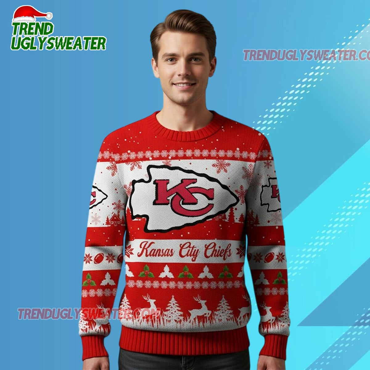 Nfl 2025 Christmas Kc Chiefs Festive Reindeer Tree Ugly Sweater
