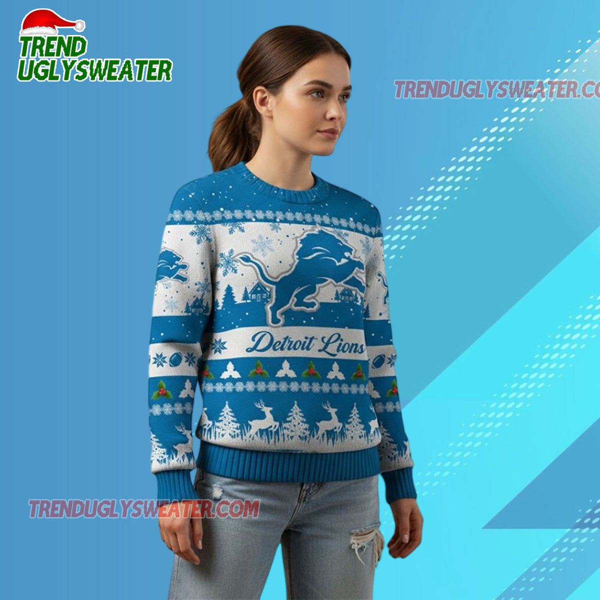 Nfl 2025 Christmas Lions Festive Reindeer Tree Ugly Sweater