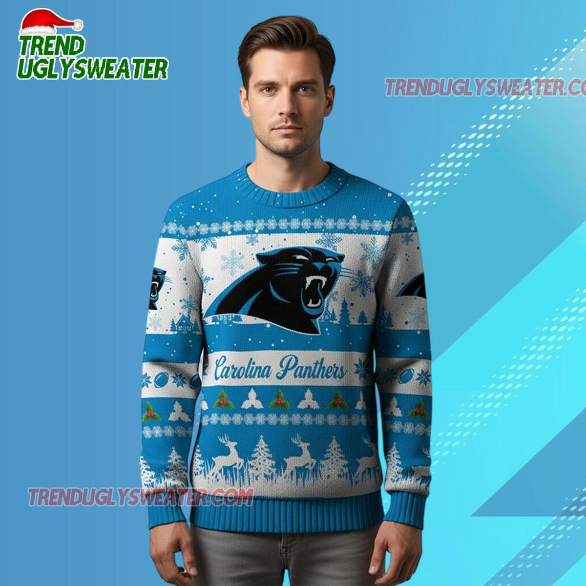 Nfl 2025 Christmas Panthers Festive Reindeer Tree Ugly Sweater