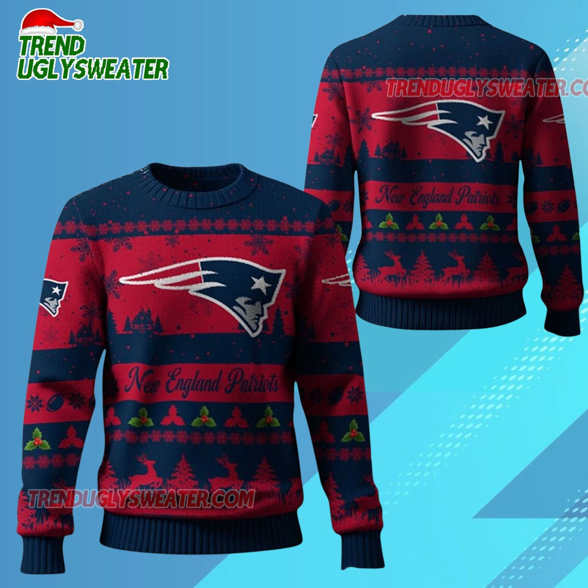 Nfl 2025 Christmas Patriots Festive Reindeer Tree Ugly Sweater