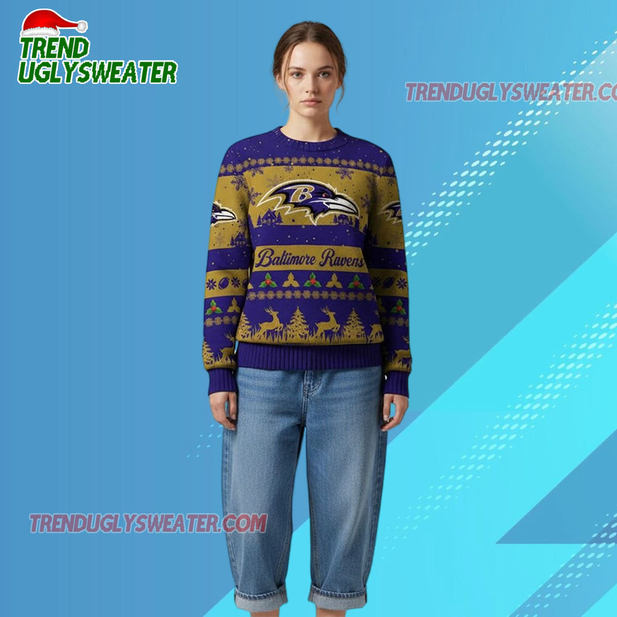 Nfl 2025 Christmas Ravens Festive Reindeer Tree Ugly Sweater