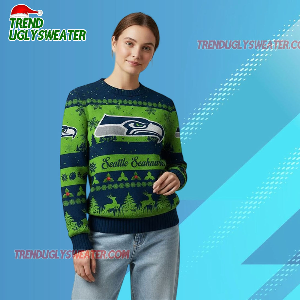 Nfl 2025 Christmas Seahawks Festive Reindeer Tree Ugly Sweater