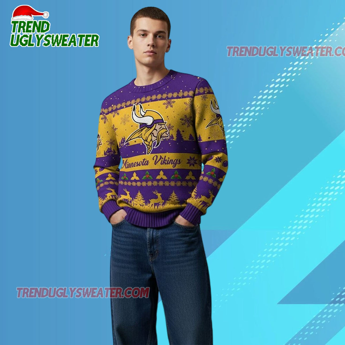 Nfl 2025 Christmas Vikings Festive Reindeer Tree Ugly Sweater