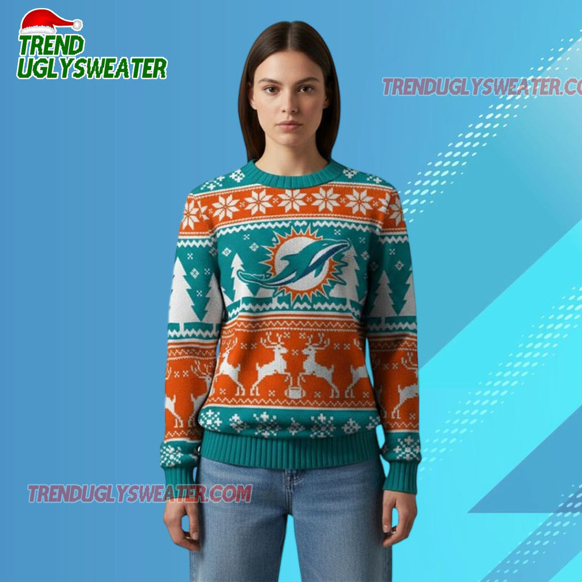 Nfl 2025 Dolphins Reindeer Football Christmas Ugly Sweater