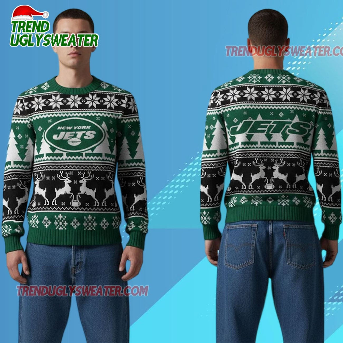 Nfl 2025 Jets Reindeer Football Christmas Ugly Sweater