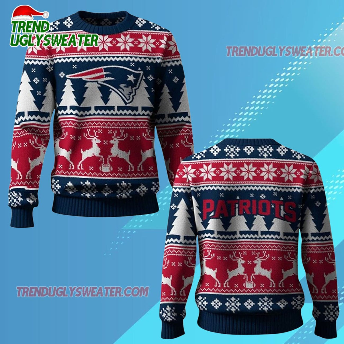 Nfl 2025 Patriots Reindeer Football Christmas Ugly Sweater
