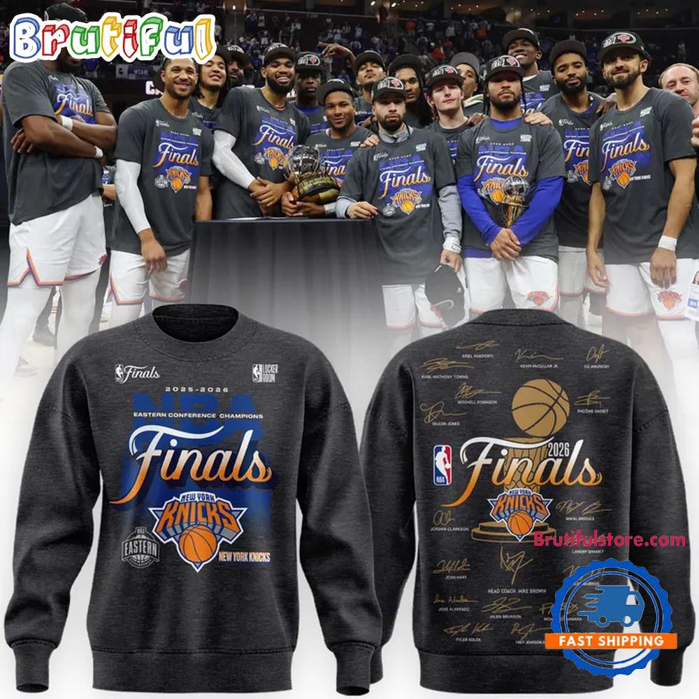 2026 Exclusive New York Knicks Eastern Conference Champions Locker Room Team Signatures Print Hoodie T-Shirt