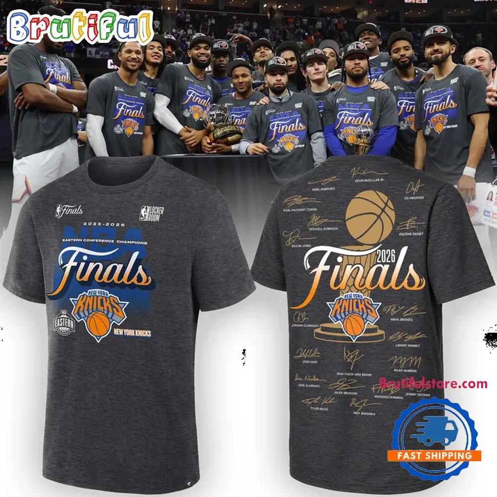 2026 Exclusive New York Knicks Eastern Conference Champions Locker Room Team Signatures Print Hoodie T-Shirt