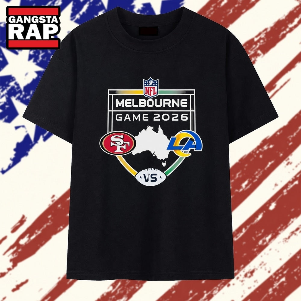49ers vs Rams NFL 26 Melbourne Game Shield Matchup T Shirt