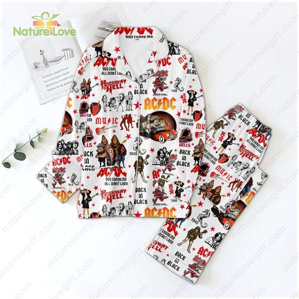 ACDC Band Play Guitar Pajamas Set Black In Black Sleepwear