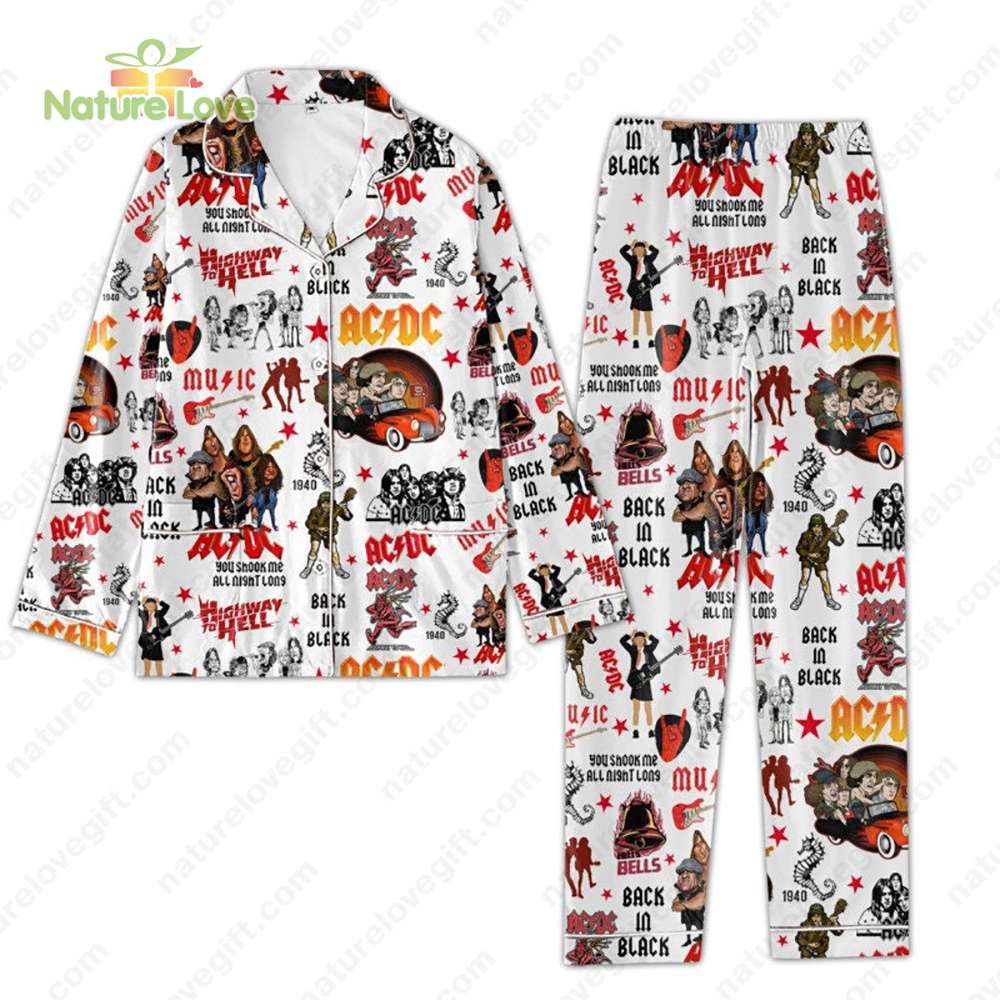 ACDC Band Play Guitar Pajamas Set Black In Black Sleepwear
