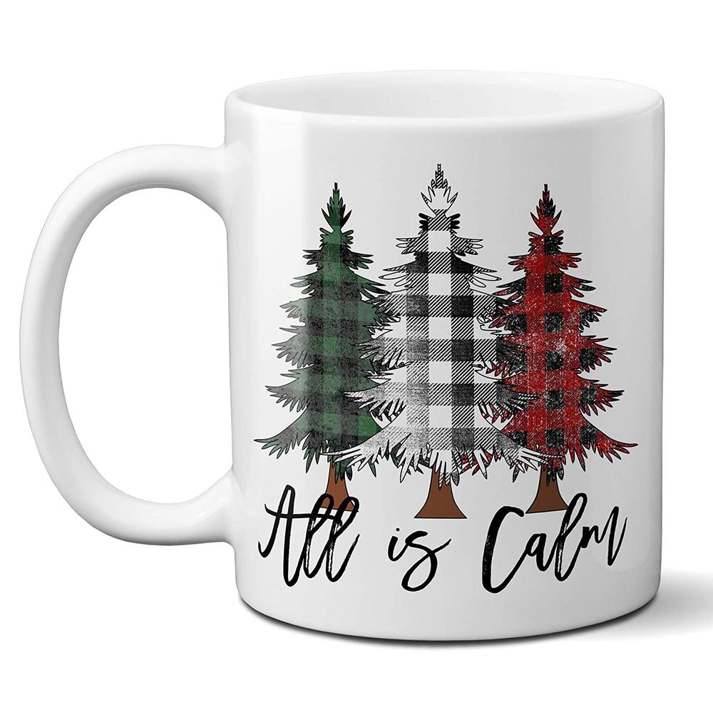 All Is Calm Christmas Coffee Mug With Rustic Buffalo Plaid Christmas Trees Ceramic Cup Holiday Gift Mug