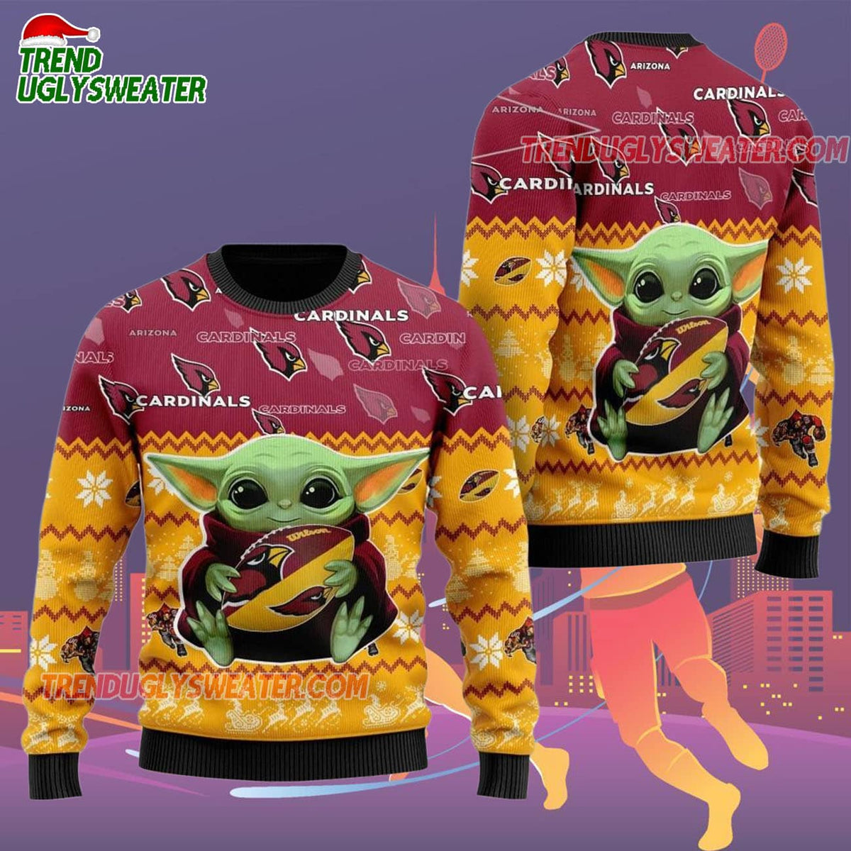 Arizona Cardinals Baby Yoda Hug The Ball Christmas Ugly Sweater