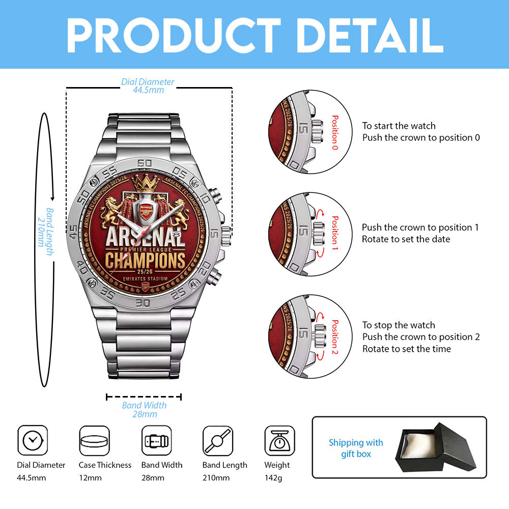 Arsenal FC Premier League Champions 25/26 Gentleman Stainless Steel Watch – TMTHU6432