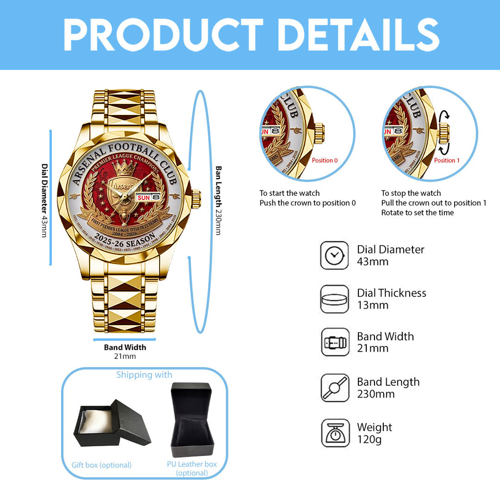Arsenal FC Premier League Champions 25/26 Alloy Luxury Quartz Watch – TANTN23168