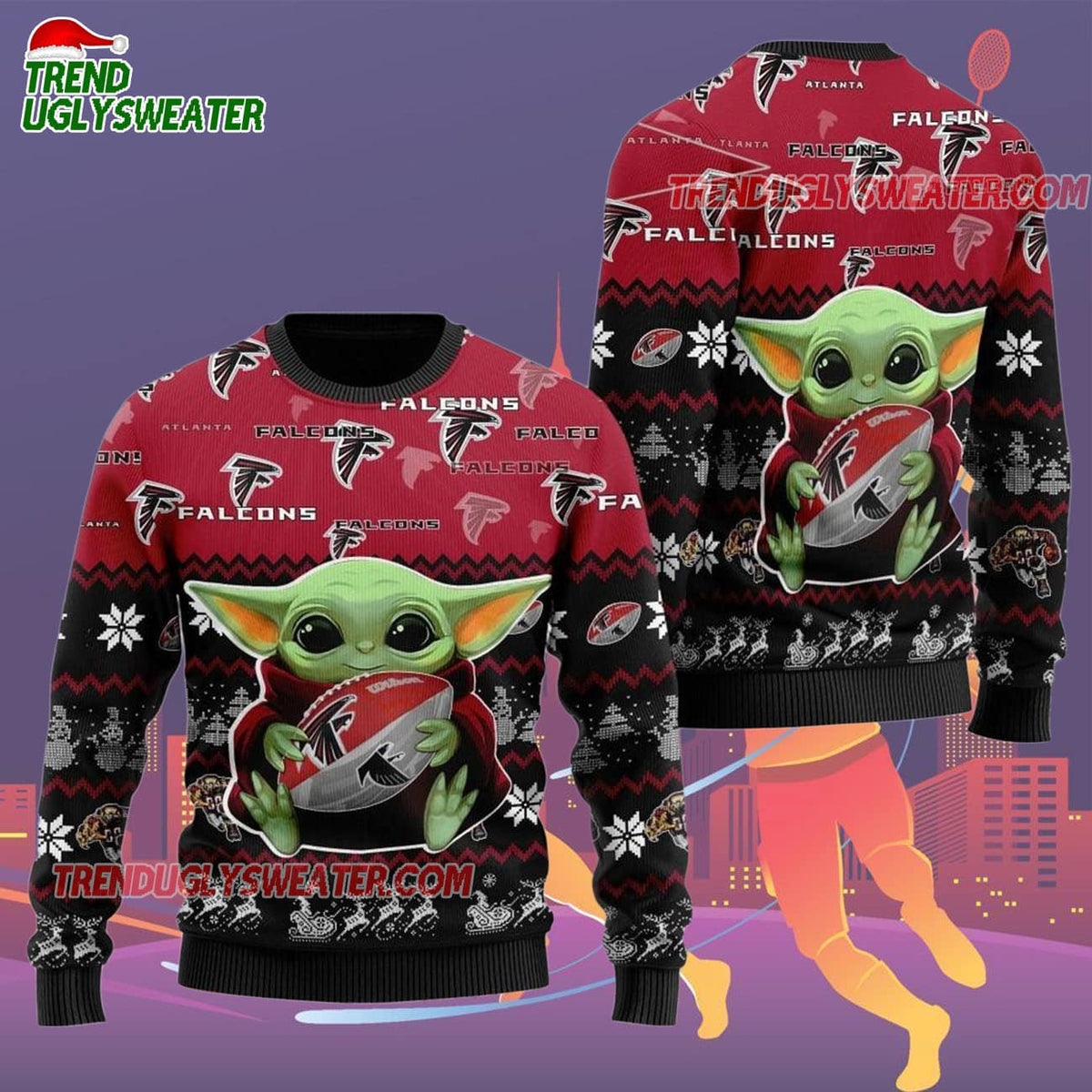Atlanta Falcons Baby Yoda Hug The Ball Christmas Ugly Sweater