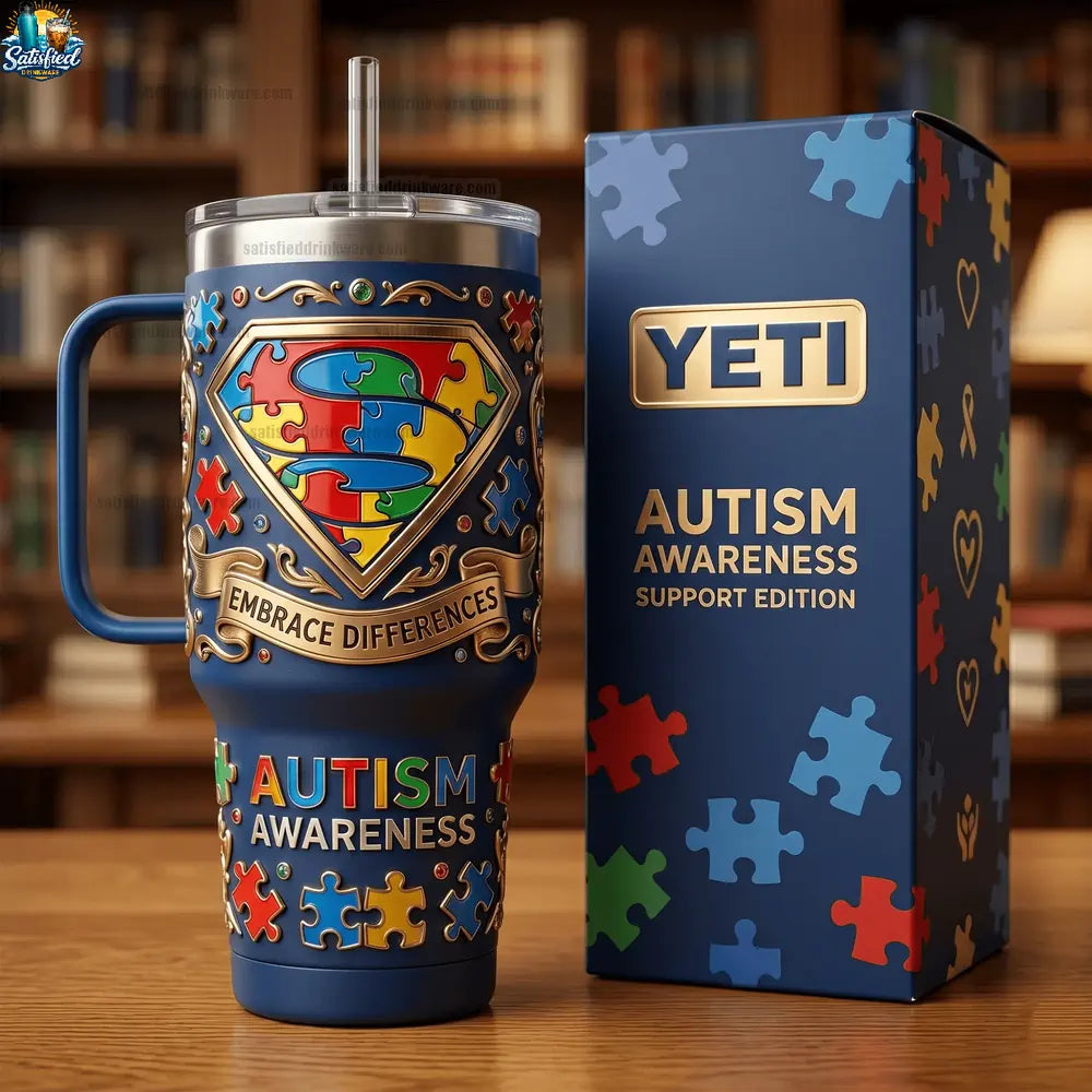 Autism Awareness Superhero Puzzle Shield Graphic Tumbler With Handle