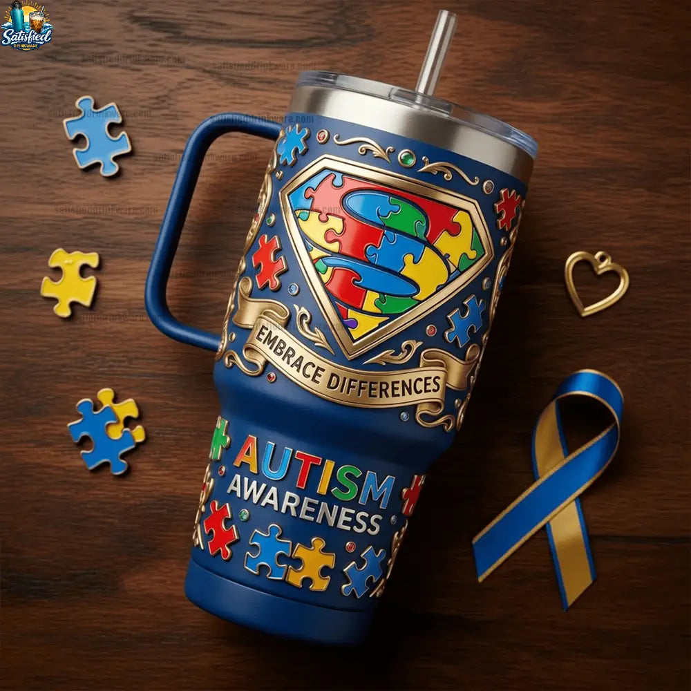 Autism Awareness Superhero Puzzle Shield Graphic Tumbler With Handle