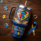 Autism Awareness Superhero Puzzle Shield Graphic Tumbler With Handle