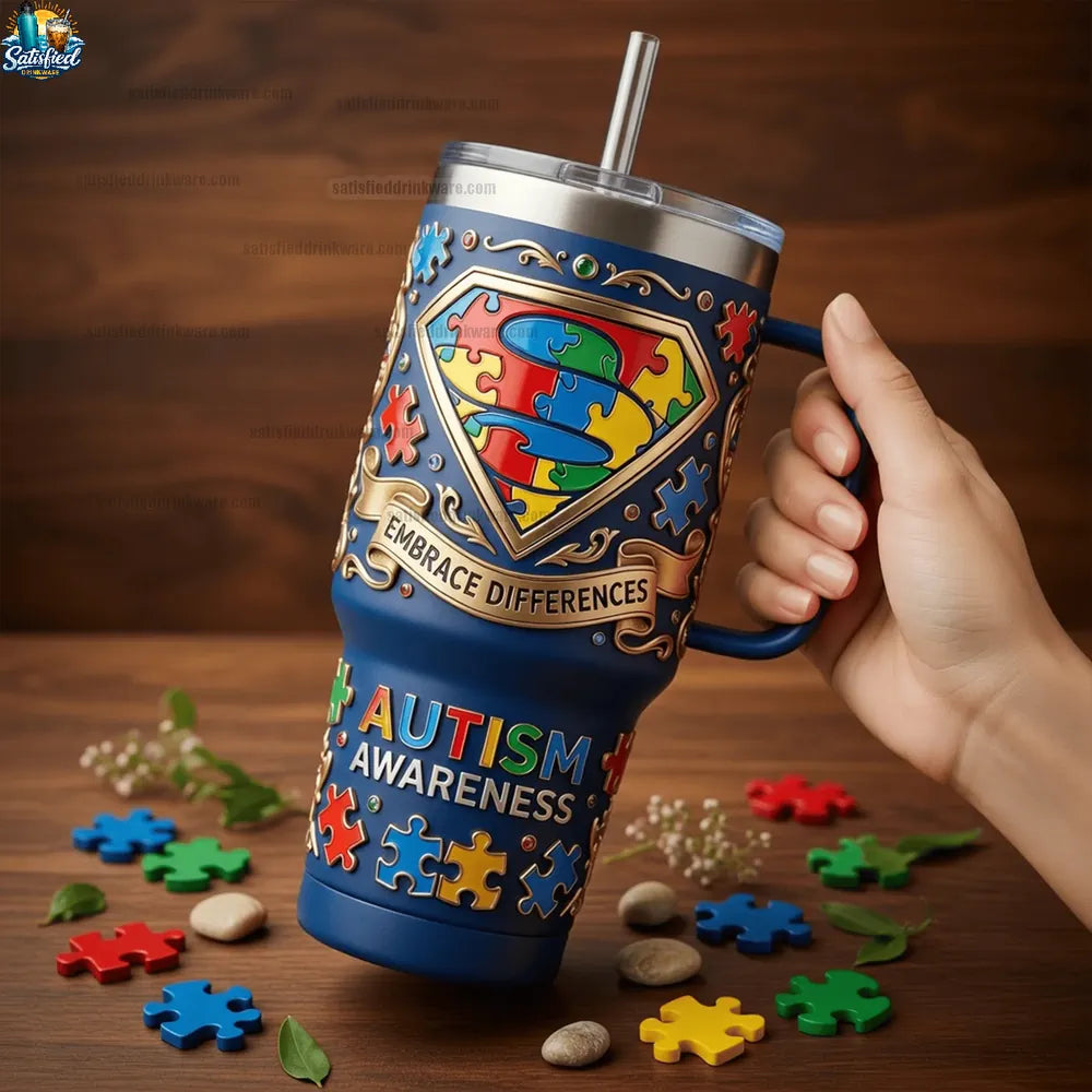 Autism Awareness Superhero Puzzle Shield Graphic Tumbler With Handle