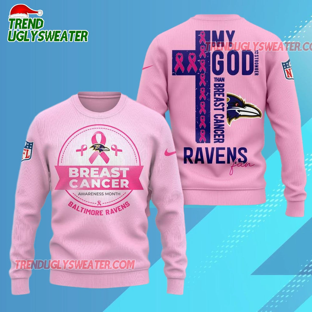 Baltimore Ravens 2025 NFL My God Is Stronger Than Breast Cancer Chritmas Sweater