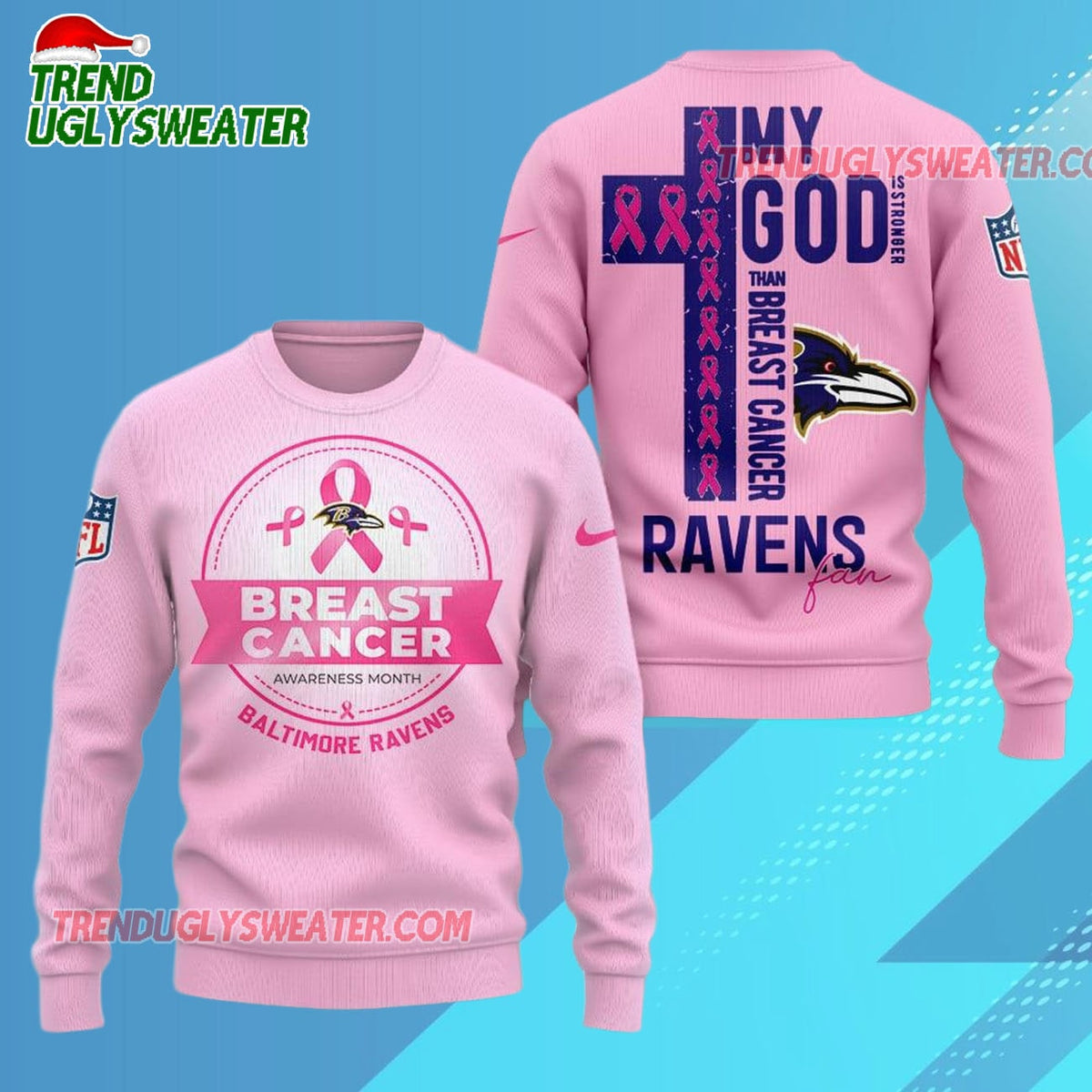 Baltimore Ravens 2025 NFL My God Is Stronger Than Breast Cancer Chritmas Sweater