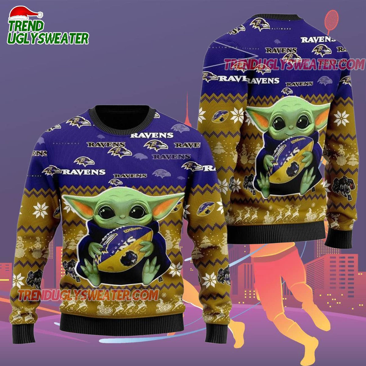 Baltimore Ravens Baby Yoda Hug The Ball Christmas Ugly Sweater