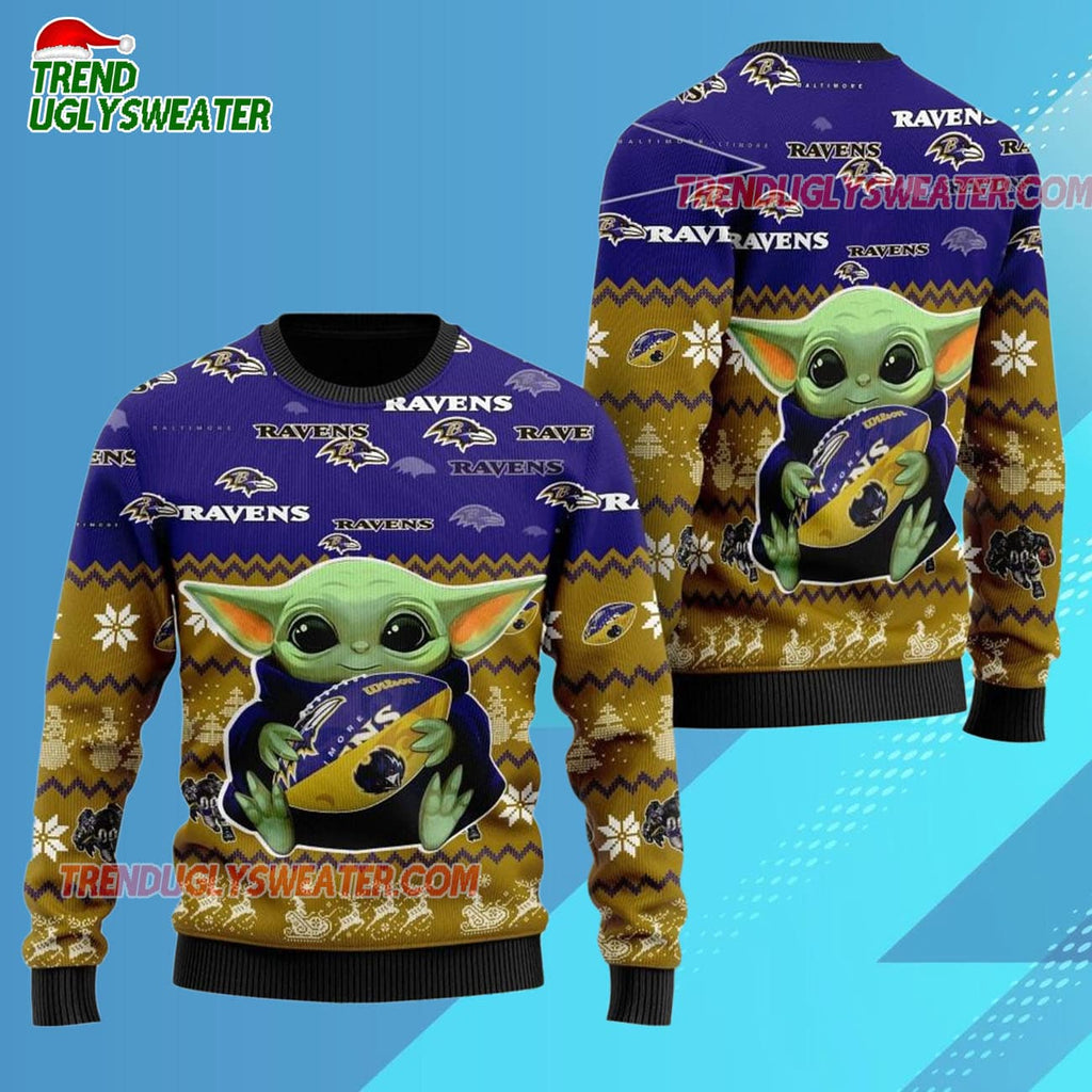 Baltimore Ravens Baby Yoda Hug The Ball Christmas Ugly Sweater