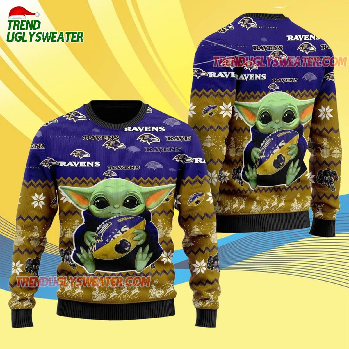 Baltimore Ravens Baby Yoda Hug The Ball Christmas Ugly Sweater