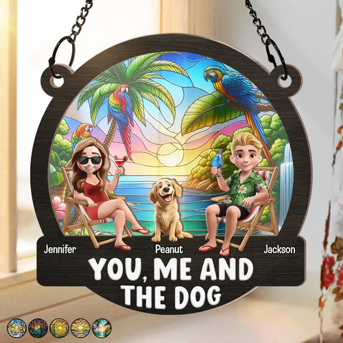 Beach You, Me And The Dogs - Personalized Window Hanging Suncatcher Ornament - Summer Gift For Couple, Wife, Husband, Dog Lovers