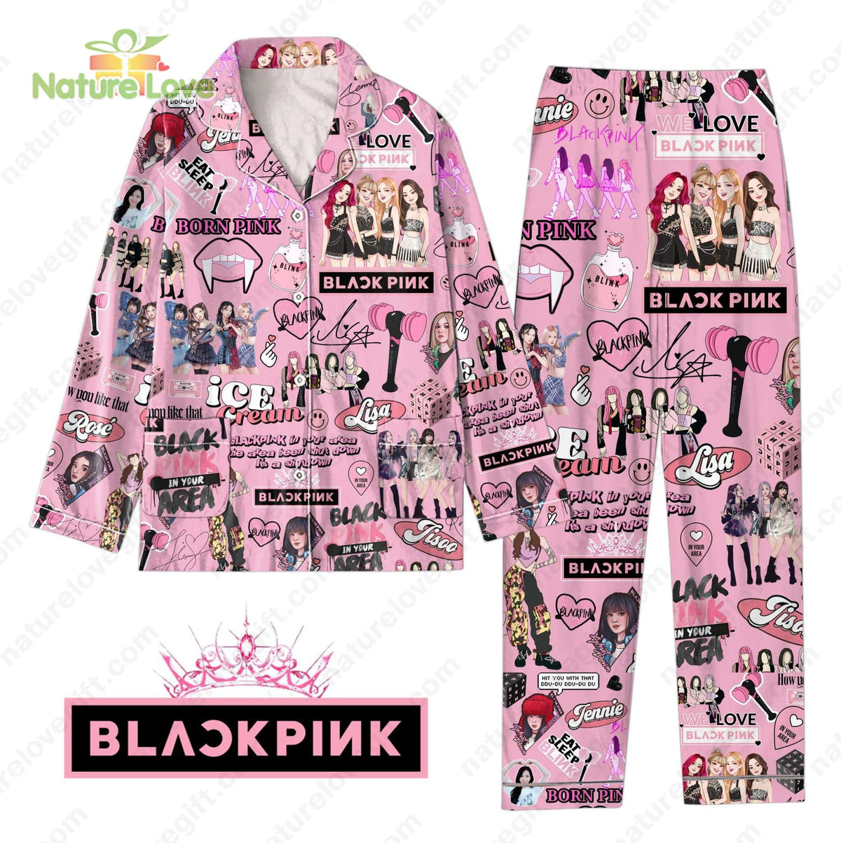 Black Pink Jennie Lisa Jisoo Rose Pink and Black Pajamas Set