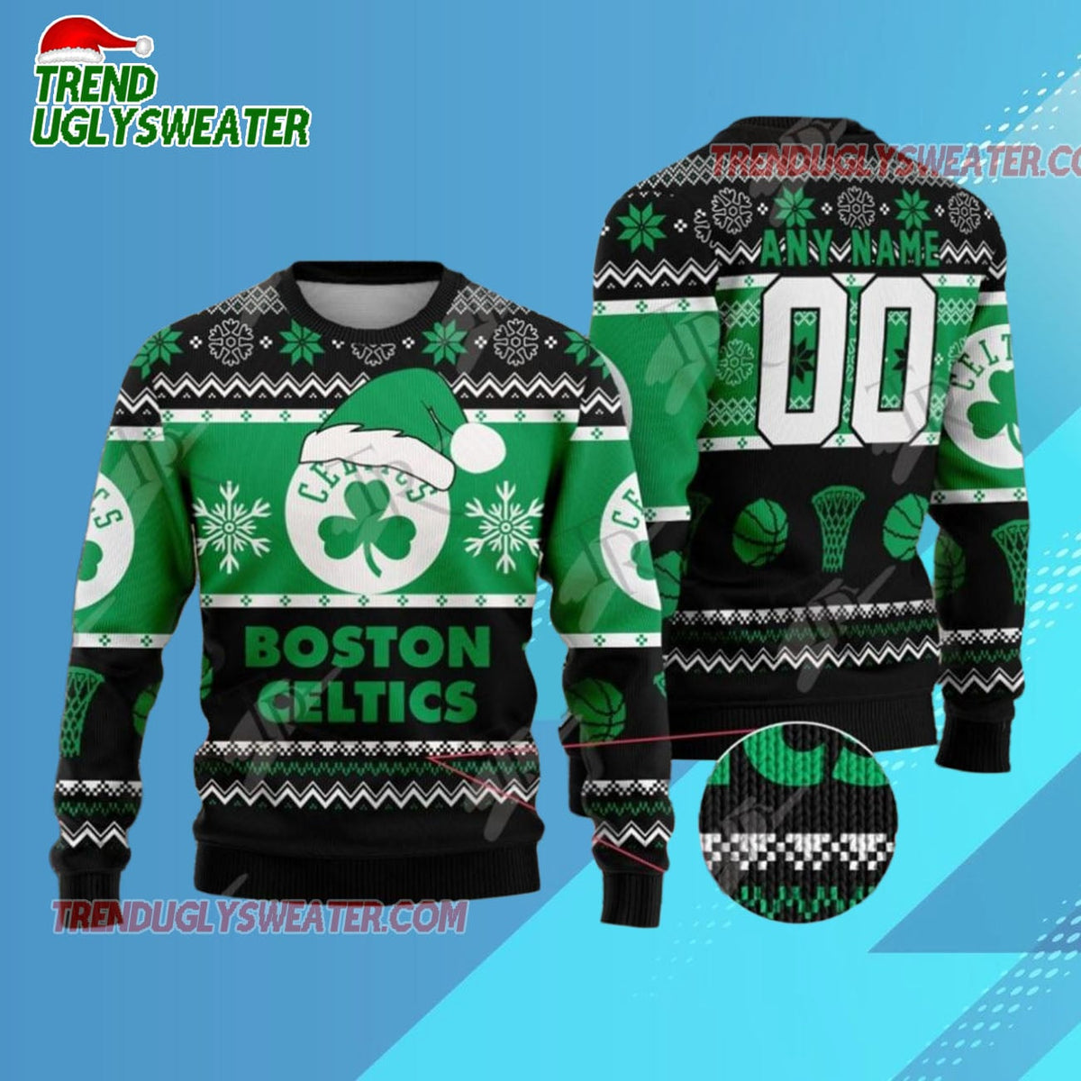 Personalized Boston Celtics Snowy Shamrock Blitz Ugly Christmas Sweater
